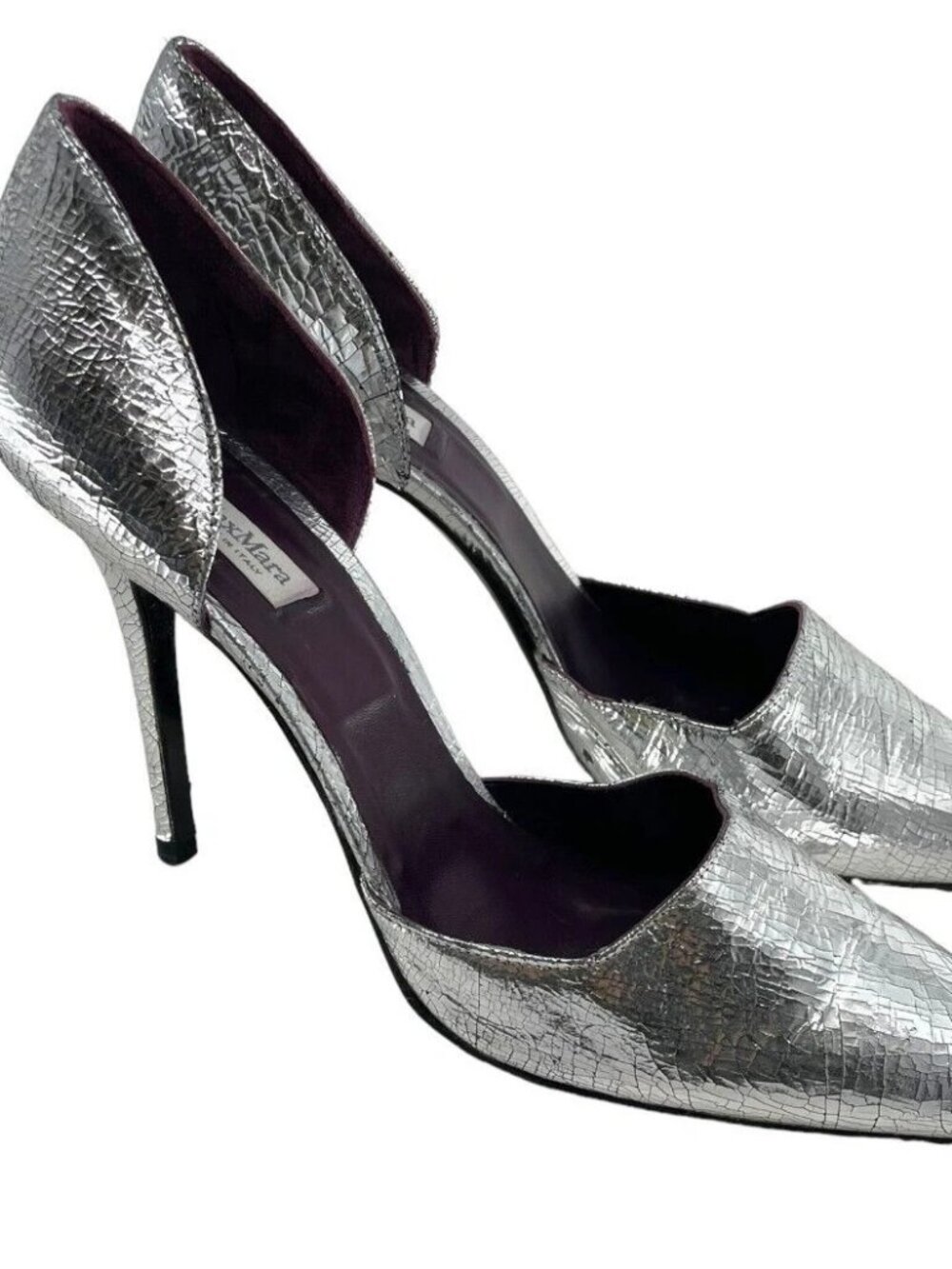 Max Mara Silver Crinkle Leather Pointed Pumps EU 41
